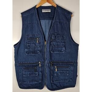 VTG OU YA WOLF denim vest mens size 2XL dark denim blue tactical utility zip up